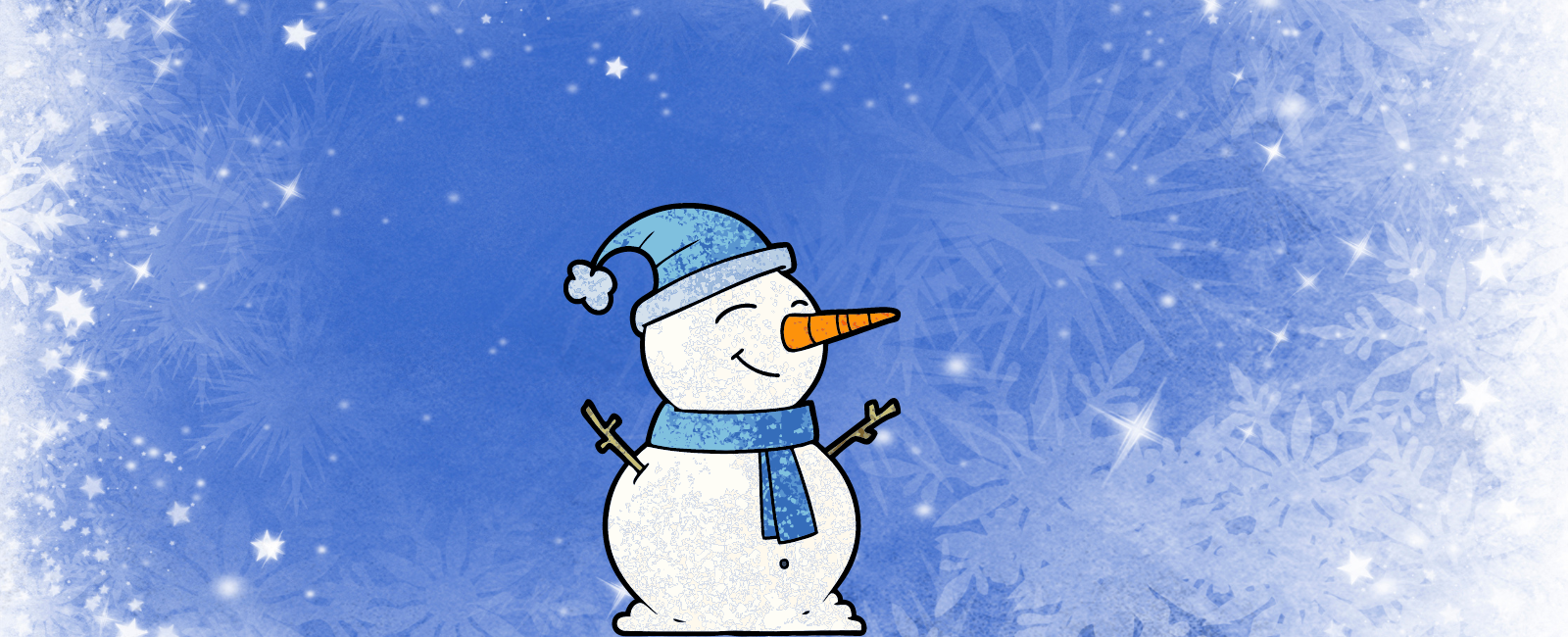 Light blue background with snowflakes. Happy snowman with blue hat and carrot nose in the middle of the image.
